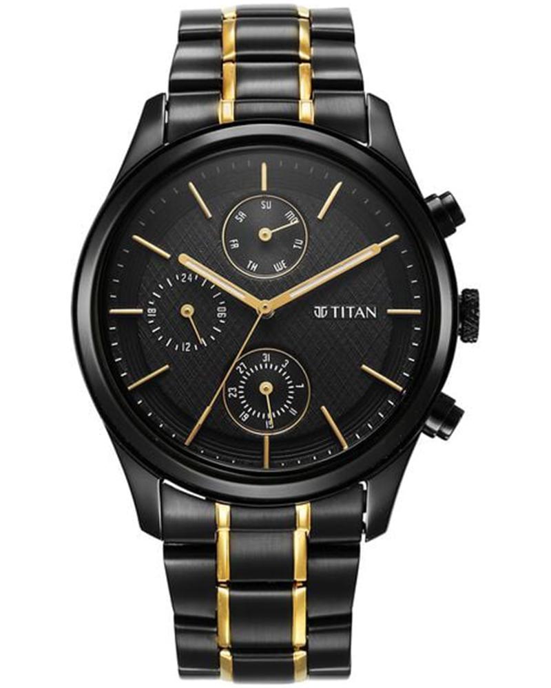 Titan Neo Black Belt Watch For Men Titan Men Neo Black Gold Round